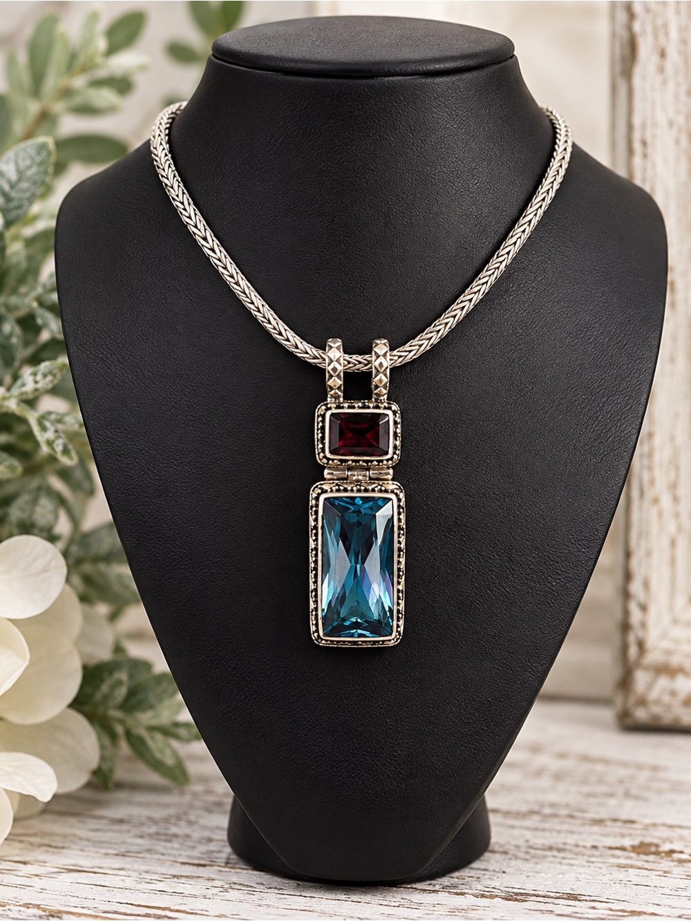 Lori Bonn Rare Vintage Sterling Silver Blue & Garnet Red Gemstone Necklace